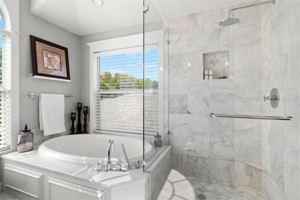 Bathroom, Glass Shower, Interior, Marble Walls, Recessed Lighting
