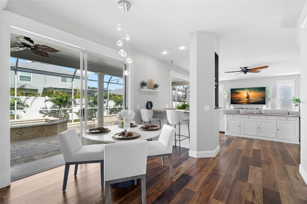 Dining room, Interior, Pendant Lights, Recessed Lighting, Wood Texture Flooring