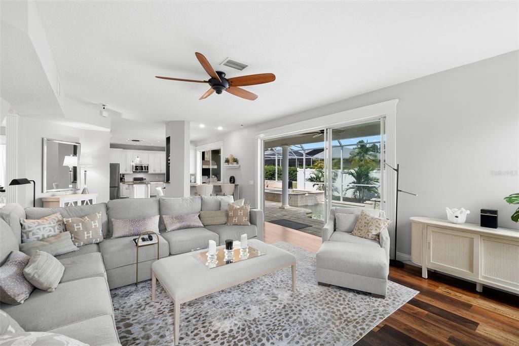 Interior, Kitchen, Living room, Recessed Lighting, Stainless Steel Appliances, Wood Texture Flooring