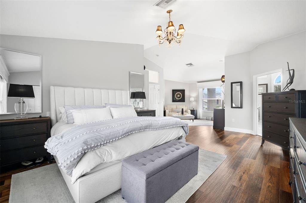 Bedroom, Chandelier, Fireplace, Interior, Wood Texture Flooring