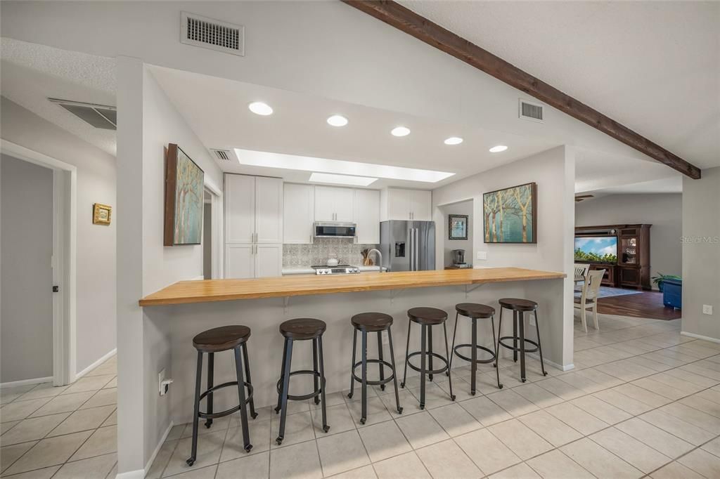 Interior, Kitchen, Recessed Lighting, Stainless Steel Appliances, Wooden Beams