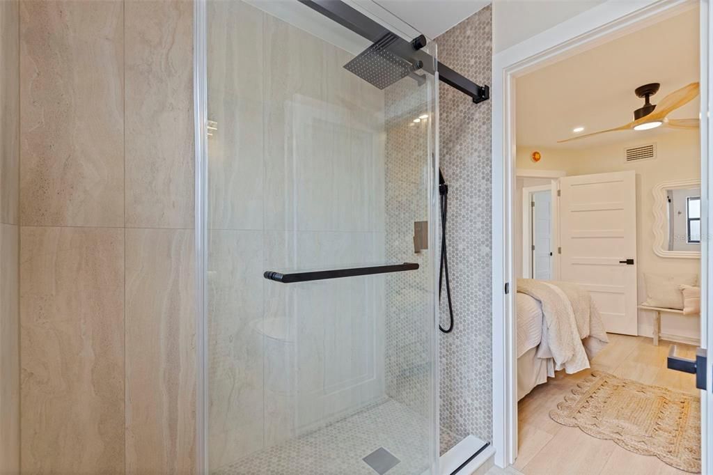 Bathroom, Glass Shower, Interior, Recessed Lighting, Wood Texture Flooring