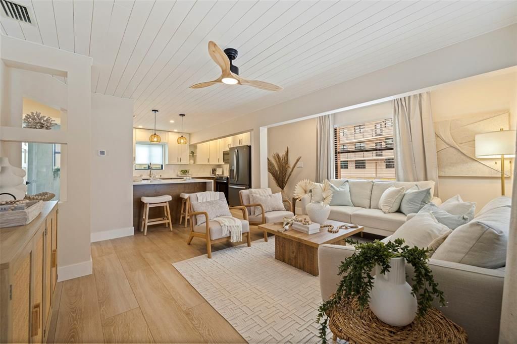 Interior, Kitchen, Living room, Pendant Lights, Stainless Steel Appliances, Wood Texture Flooring
