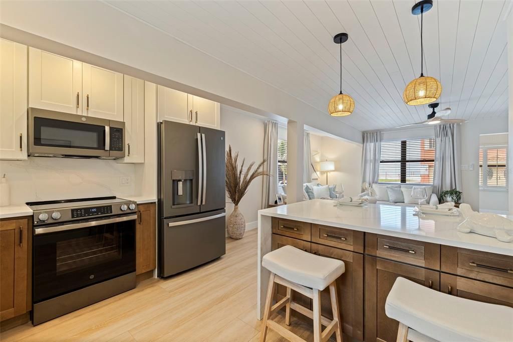 Interior, Kitchen, Pendant Lights, Stainless Steel Appliances, Wood Texture Flooring