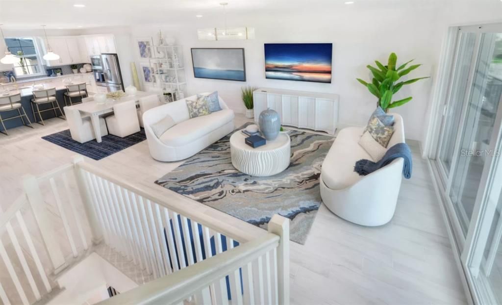 Interior, Kitchen, Living room, Marble, Pendant Lights, Recessed Lighting, Stainless Steel Appliances