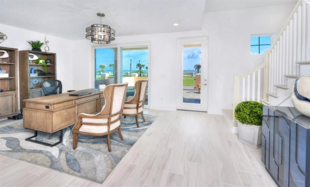 Chandelier, Home Office, Interior, Recessed Lighting, Water, Wood Texture Flooring