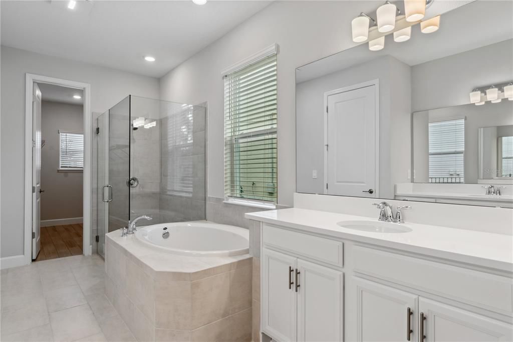 Bathroom, Dual Sink Vanities, Glass Shower, Interior, Recessed Lighting