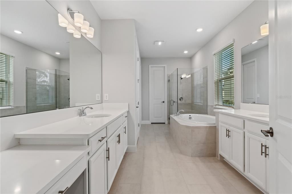 Bathroom, Dual Sink Vanities, Glass Shower, Interior, Recessed Lighting