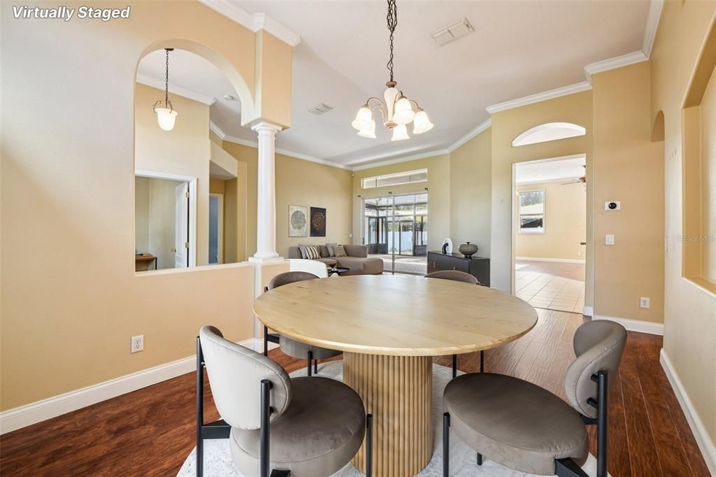 Dining room, Interior, Living room, Pendant Lights, Wood Texture Flooring
