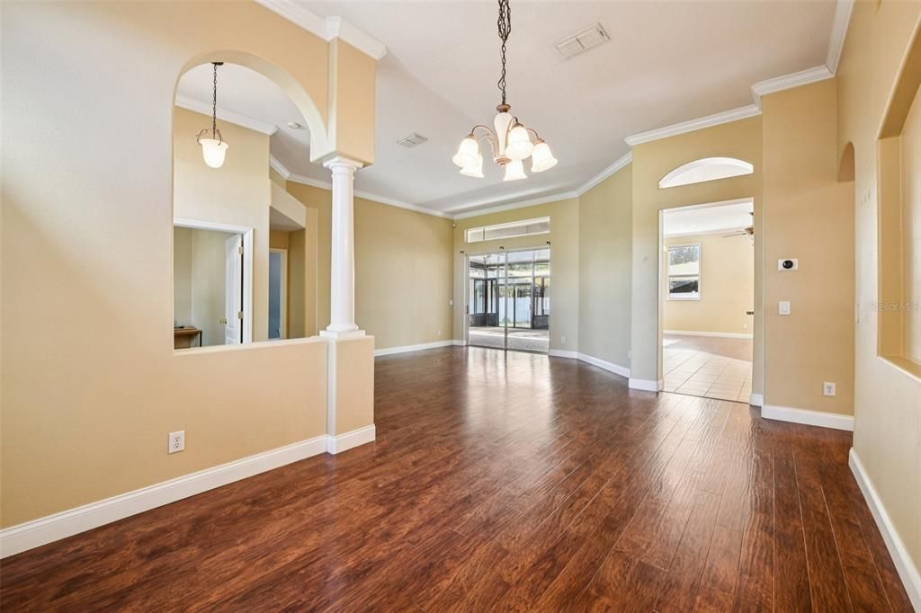 Chandelier, Empty room, Interior, Pendant Lights, Wood Texture Flooring