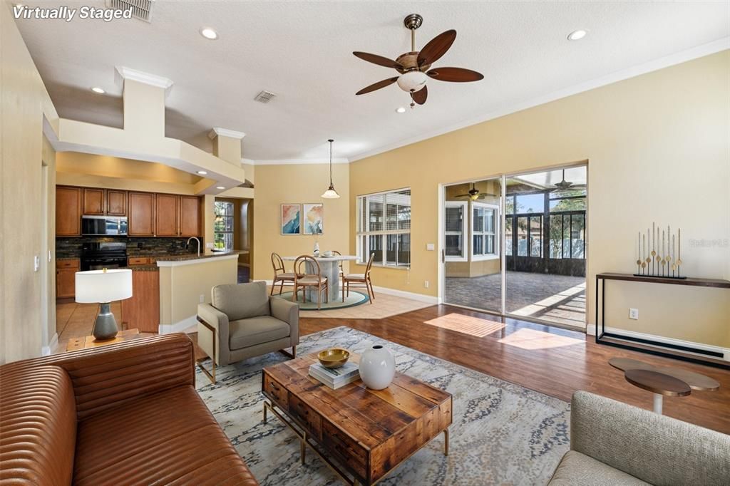 Dining room, Interior, Kitchen, Living room, Pendant Lights, Recessed Lighting, Stainless Steel Appliances, Wood Texture Flooring