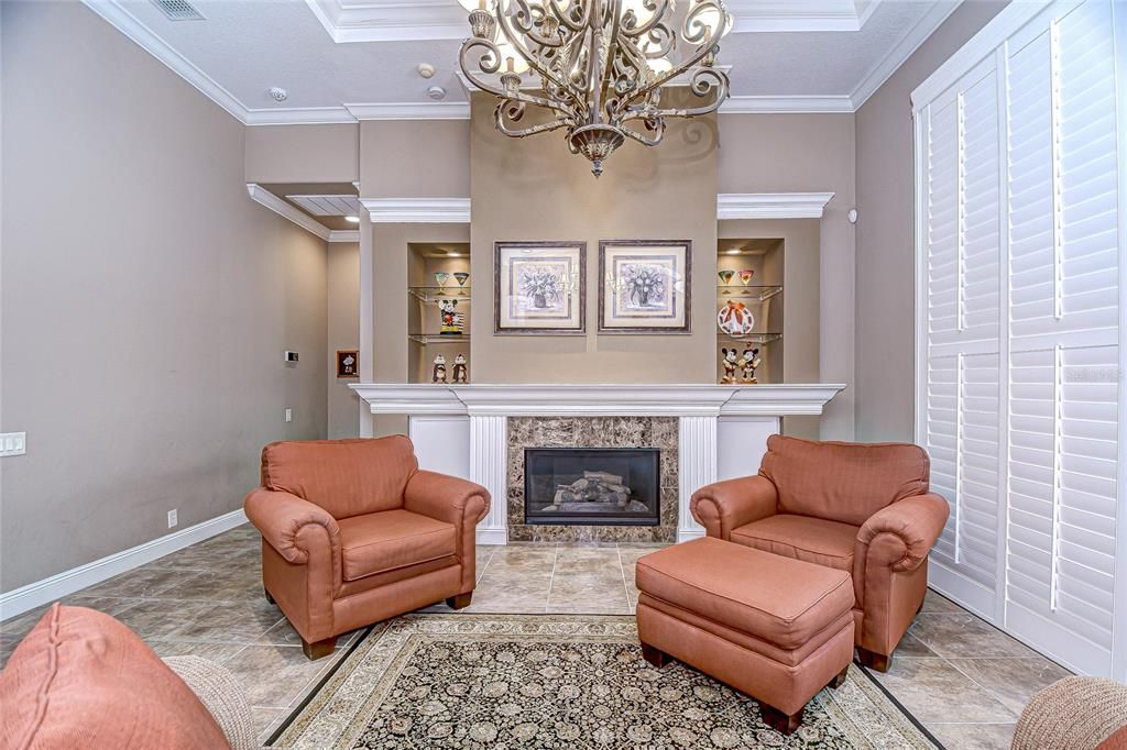 Chandelier, Fireplace, Interior