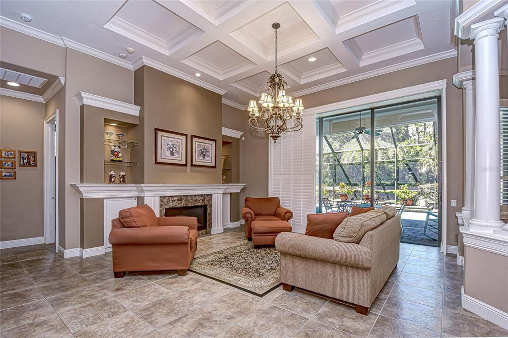 Chandelier, Fireplace, Interior, Living room, Recessed Lighting