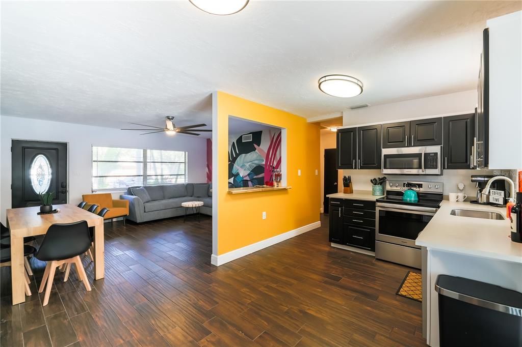 Dining room, Interior, Kitchen, Living room, Stainless Steel Appliances, Wood Texture Flooring