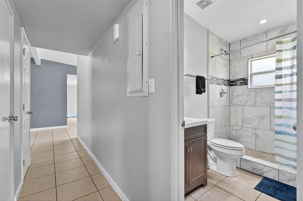 Bathroom, Interior, Marble Walls, Recessed Lighting