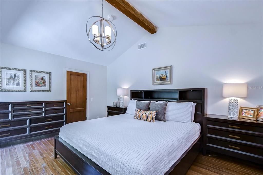 Bedroom, Interior, Pendant Lights, Wooden Beams, Wood Texture Flooring