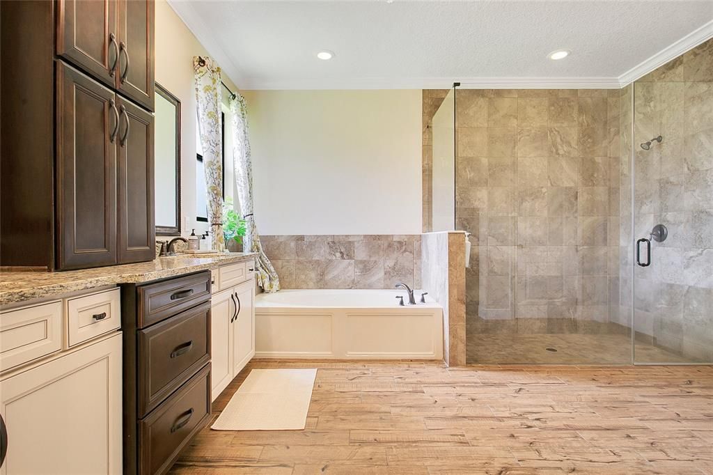 Bathroom, Glass Shower, Interior, Recessed Lighting, Wood Texture Flooring