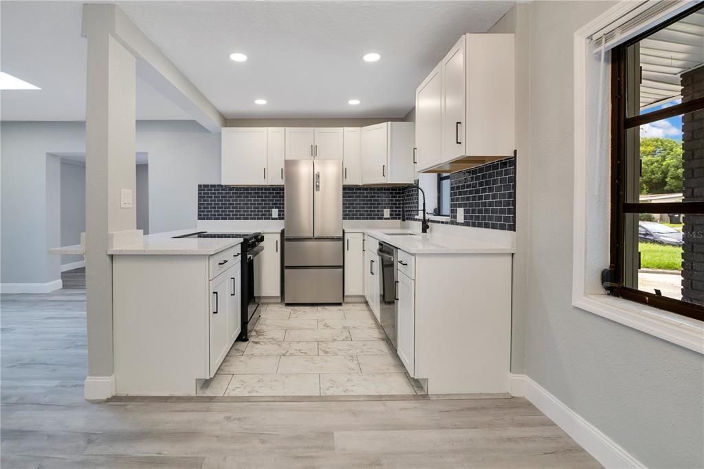Interior, Kitchen, Marble, Recessed Lighting, Wood Texture Flooring