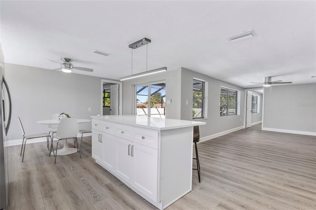 Dining room, Interior, Pendant Lights, Wood Texture Flooring