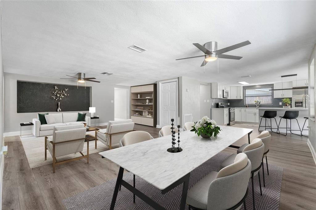 Dining room, Interior, Kitchen, Living room, Wood Texture Flooring