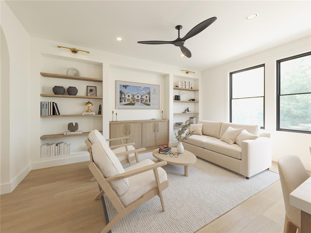 Interior, Living room, Recessed Lighting, Wood Texture Flooring