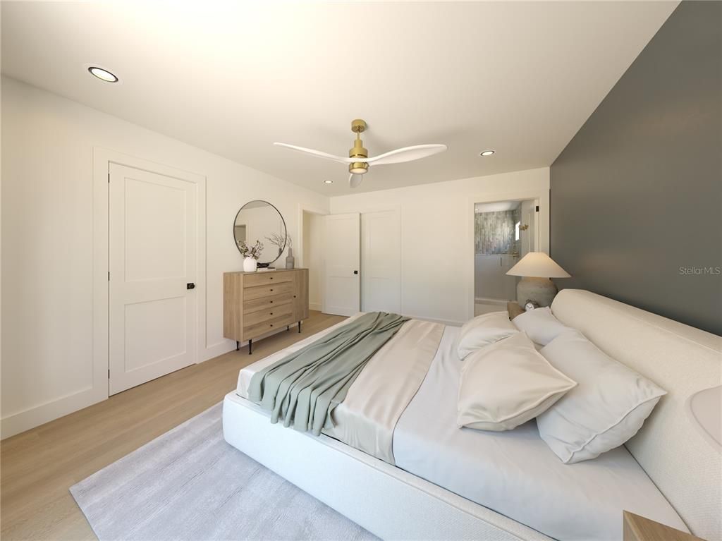 Bedroom, Interior, Recessed Lighting, Wood Texture Flooring