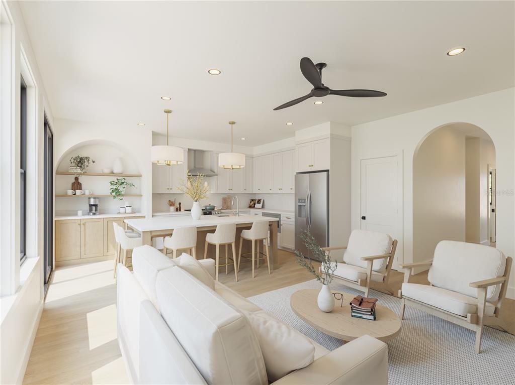 Dining room, Interior, Kitchen, Living room, Pendant Lights, Recessed Lighting, Stainless Steel Appliances, Wood Texture Flooring