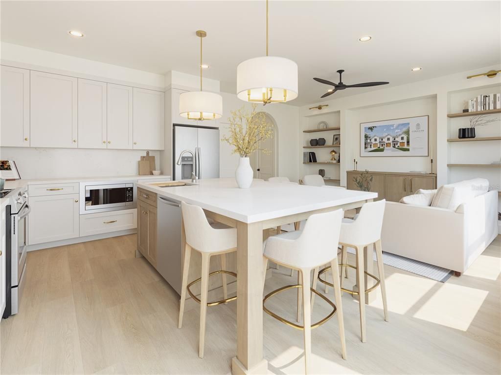 Dining room, Interior, Kitchen, Pendant Lights, Recessed Lighting, Stainless Steel Appliances, Wood Texture Flooring