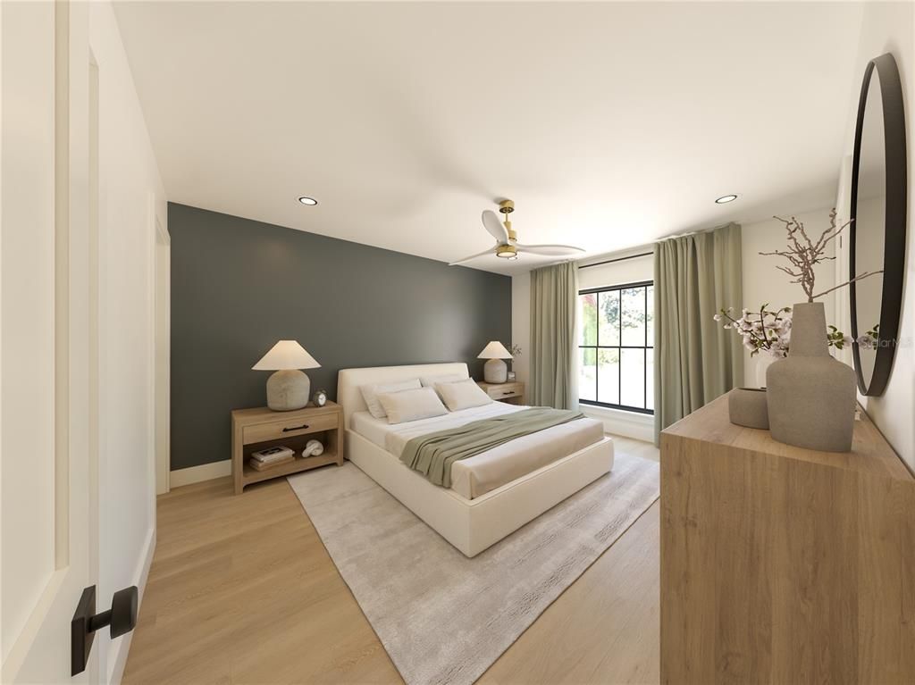 Bedroom, Interior, Recessed Lighting, Wood Texture Flooring