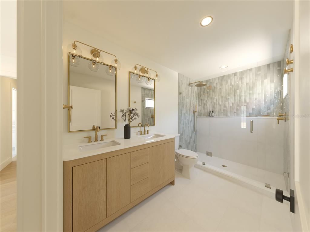Bathroom, Dual Sink Vanities, Glass Shower, Interior, Recessed Lighting