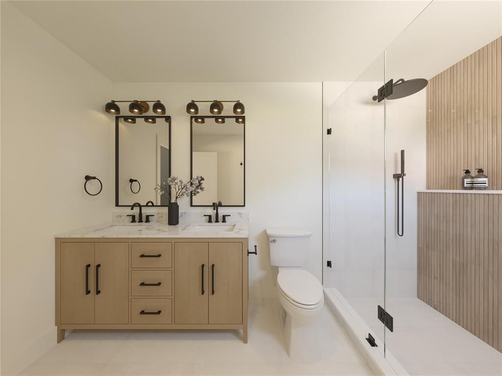Bathroom, Dual Sink Vanities, Glass Shower, Interior