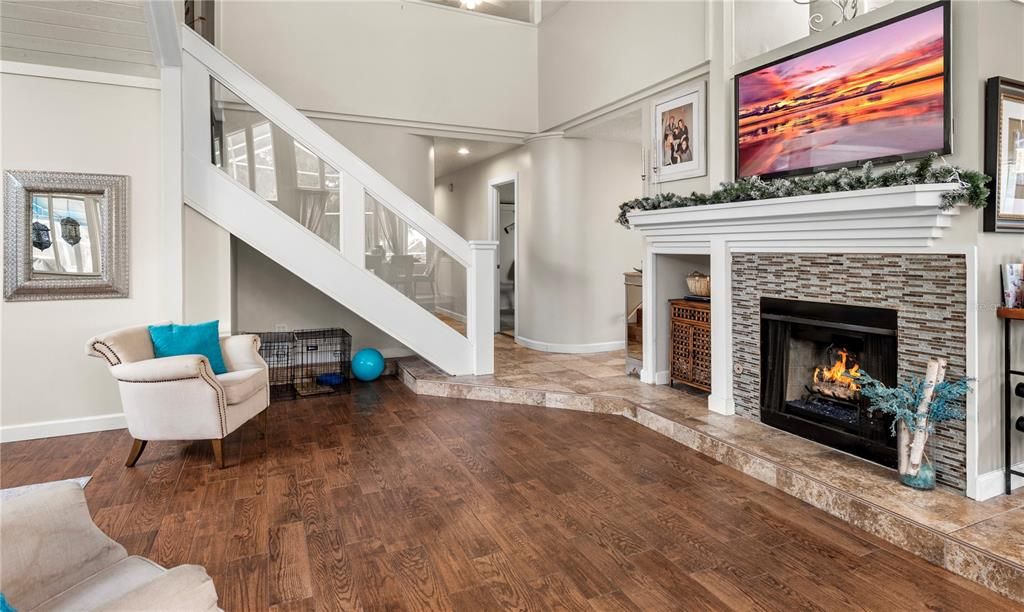 Fireplace, Interior, Recessed Lighting, Wood Texture Flooring