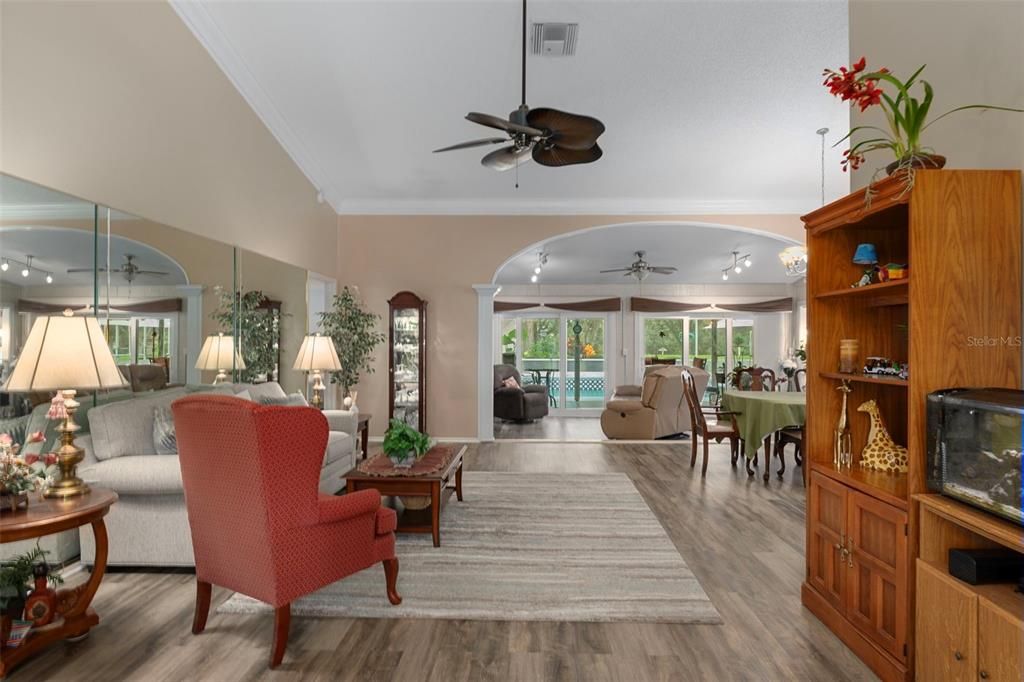 Dining room, Interior, Living room, Pendant Lights, Wood Texture Flooring