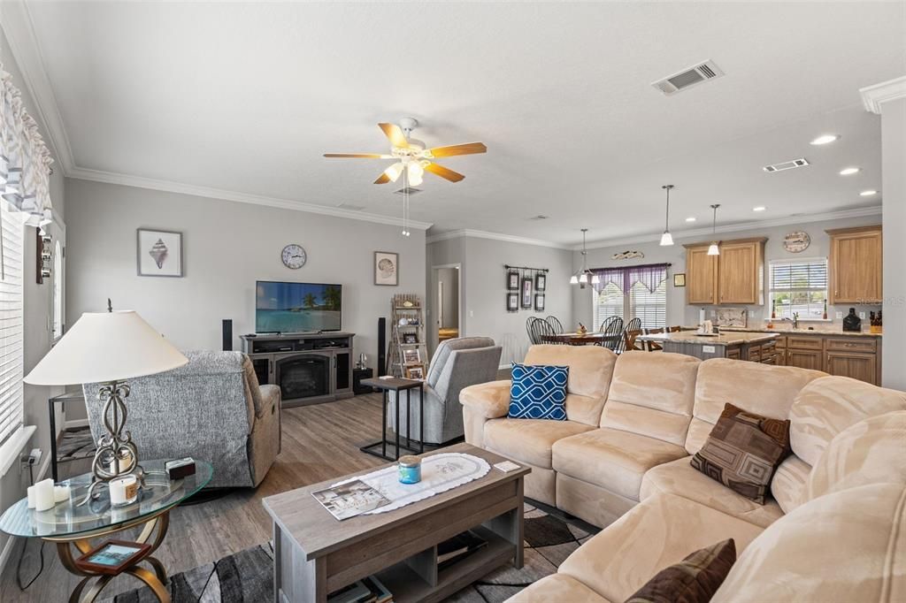 Dining room, Fireplace, Interior, Kitchen, Living room, Pendant Lights, Recessed Lighting, Wood Texture Flooring