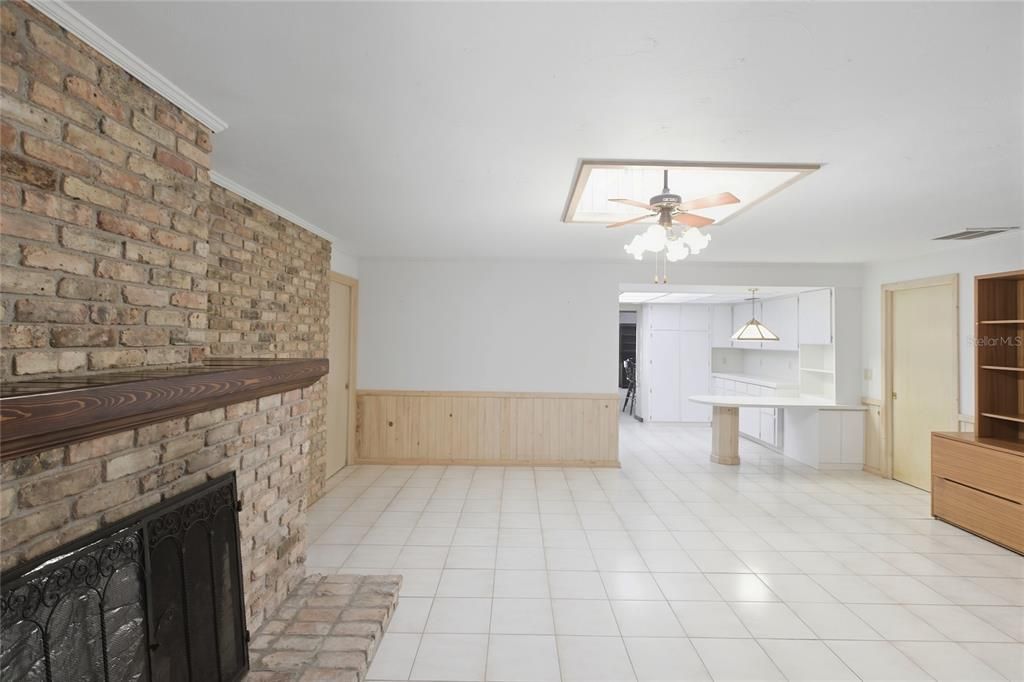 Fireplace, Interior, Kitchen, Pendant Lights, Stone Walls