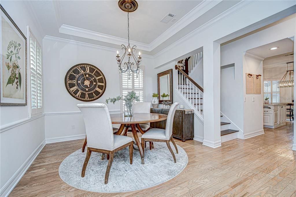 Chandelier, Dining room, Interior, Pendant Lights, Recessed Lighting, Wood Texture Flooring