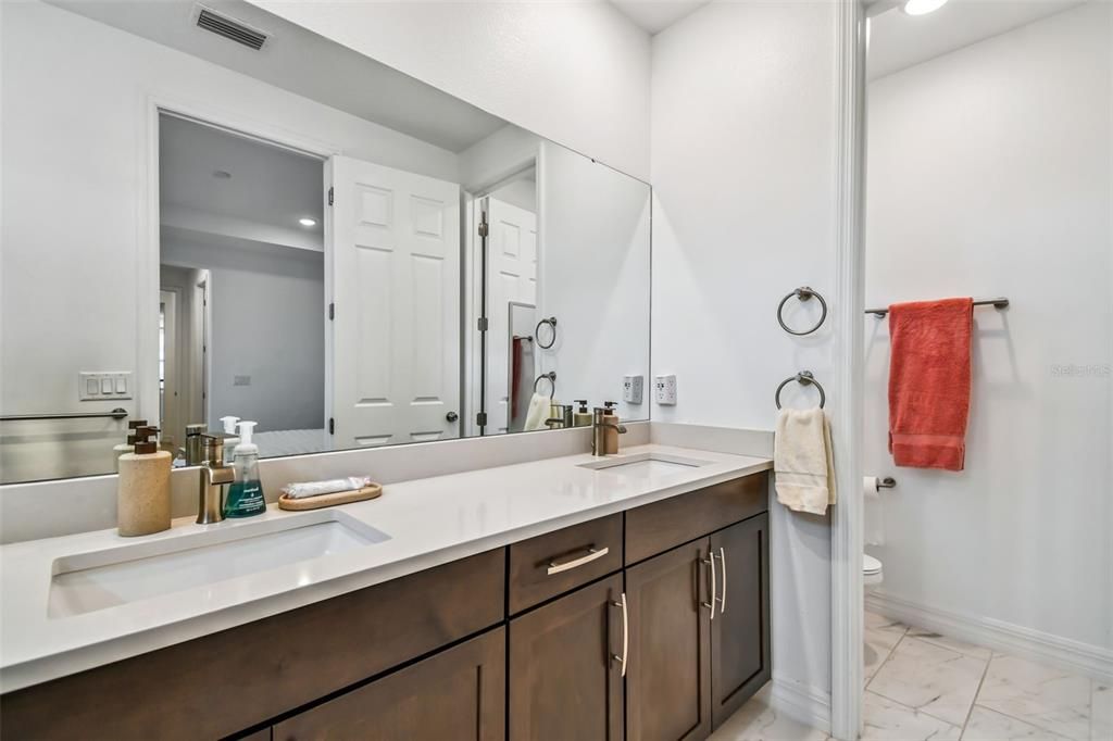 Bathroom, Dual Sink Vanities, Interior, Marble, Recessed Lighting