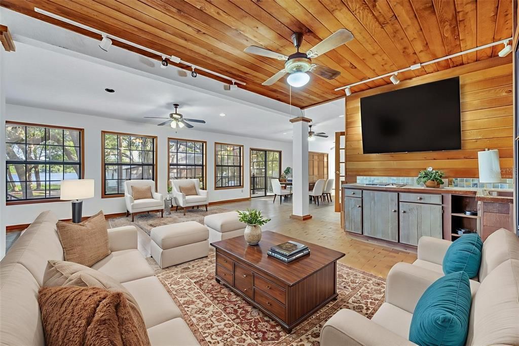 Interior, Living room, Recessed Lighting, Wooden Ceilings, Wood Texture Flooring