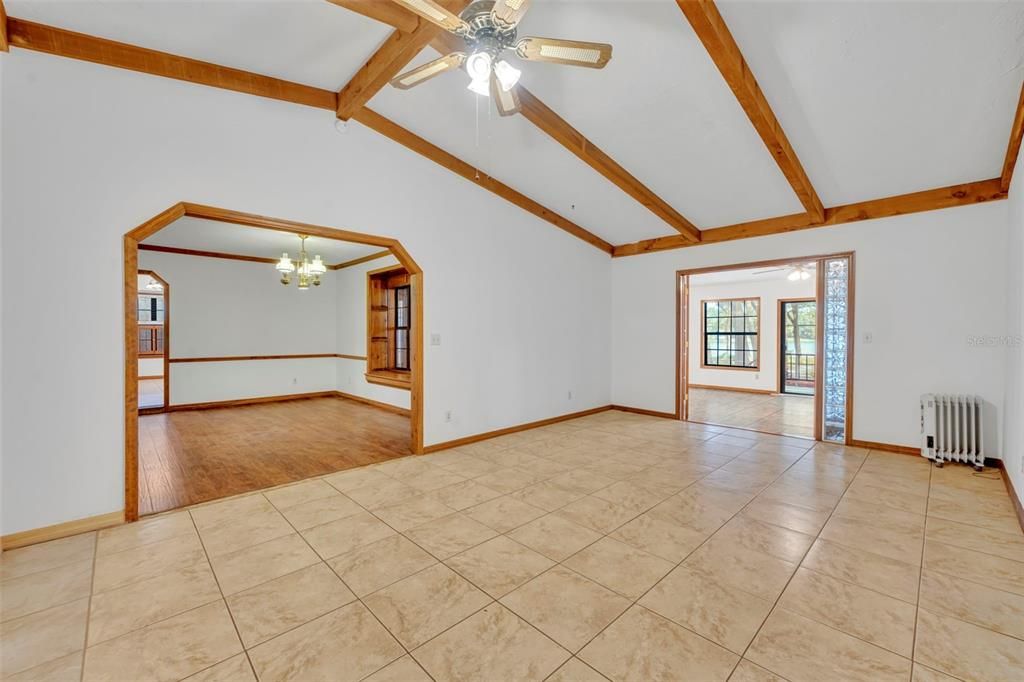 Chandelier, Empty room, Interior, Wooden Beams