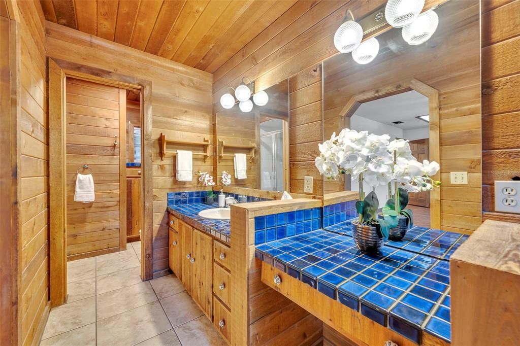 Bathroom, Interior, Tile Countertops, Wooden Ceilings, Wooden Walls