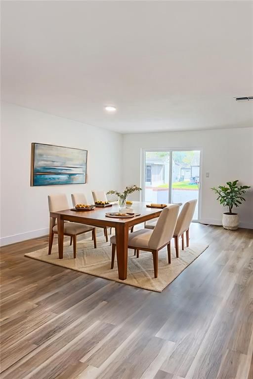 Dining room, Interior, Recessed Lighting, Wood Texture Flooring