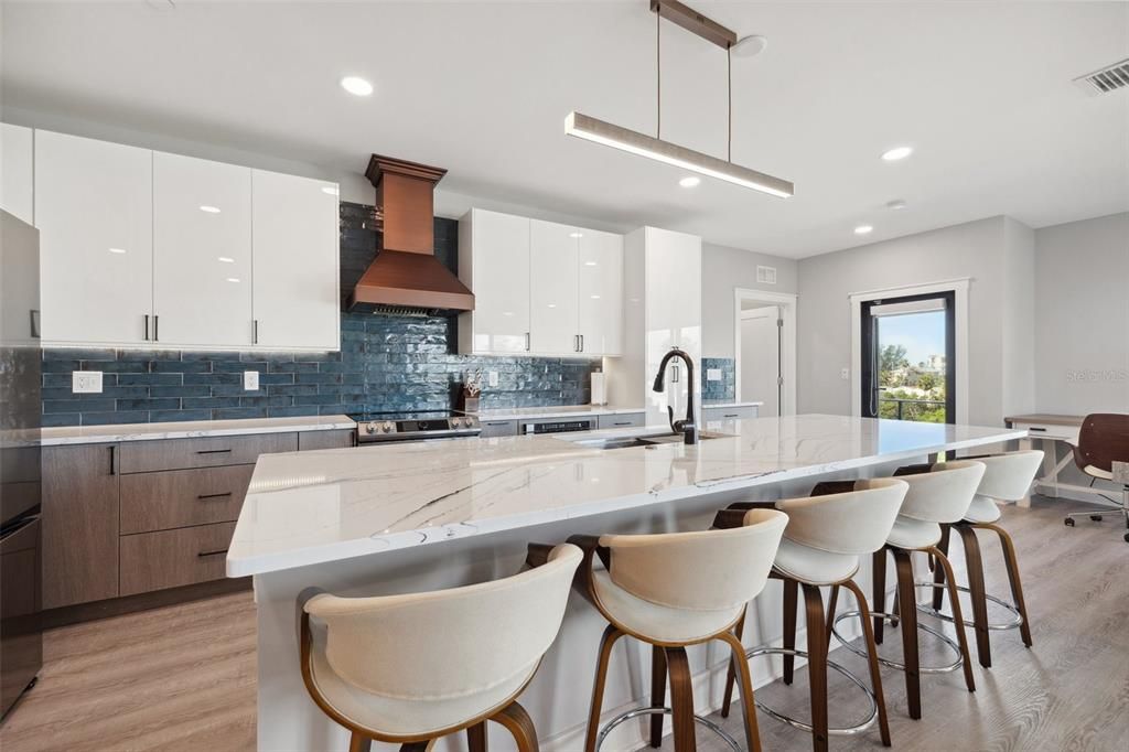 Interior, Kitchen, Pendant Lights, Recessed Lighting, Wood Texture Flooring