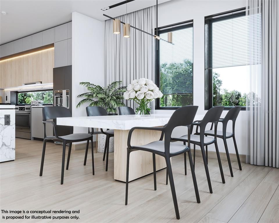 Dining room, Interior, Kitchen, Pendant Lights, Stainless Steel Appliances, Wood Texture Flooring