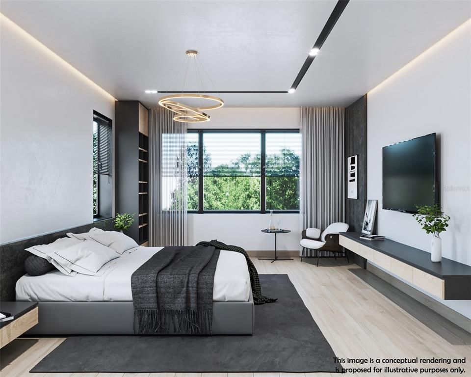 Bedroom, Interior, Pendant Lights, Recessed Lighting, Wood Texture Flooring