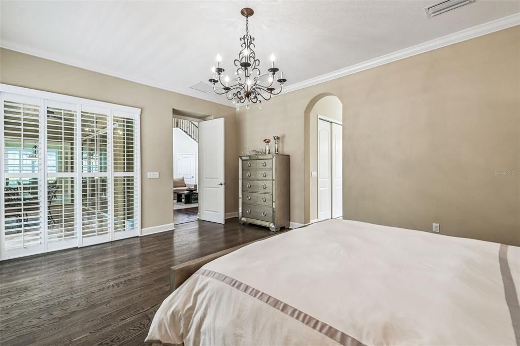 Bedroom, Chandelier, Interior, Wood Texture Flooring