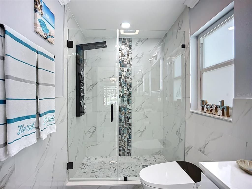 Bathroom, Glass Shower, Interior, Marble Walls, Recessed Lighting