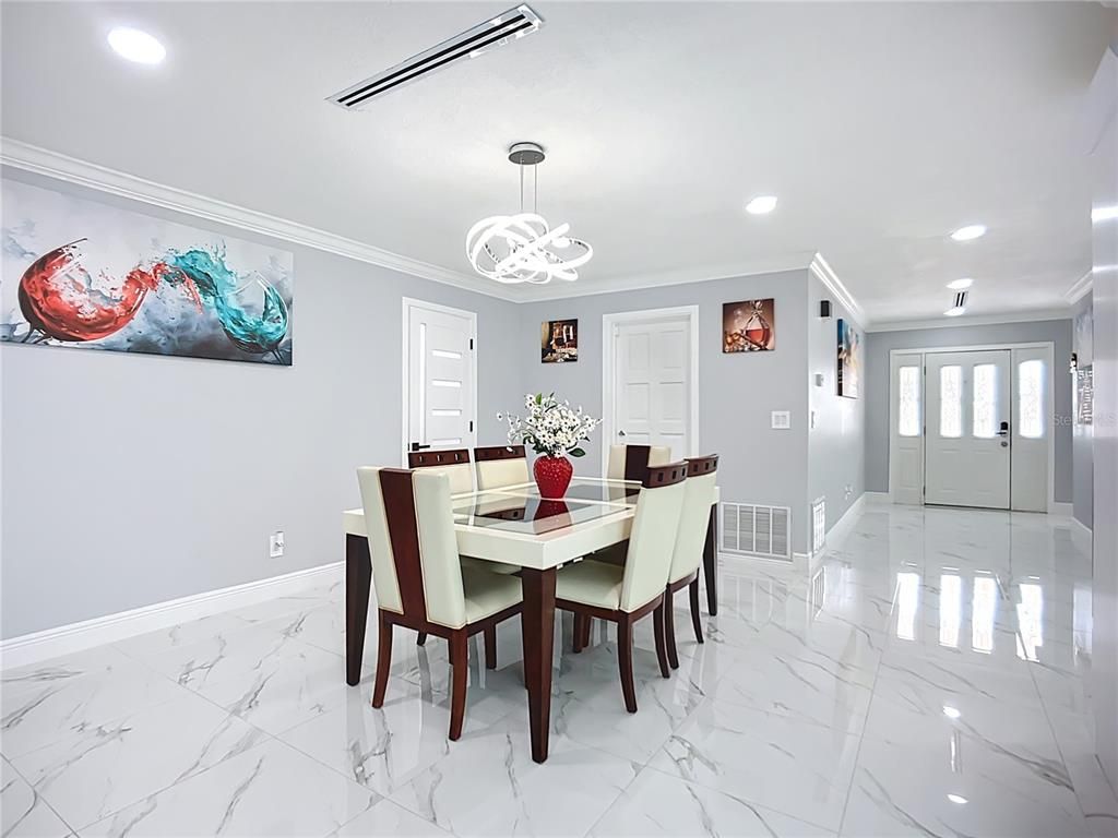 Dining room, Interior, Marble, Pendant Lights, Recessed Lighting