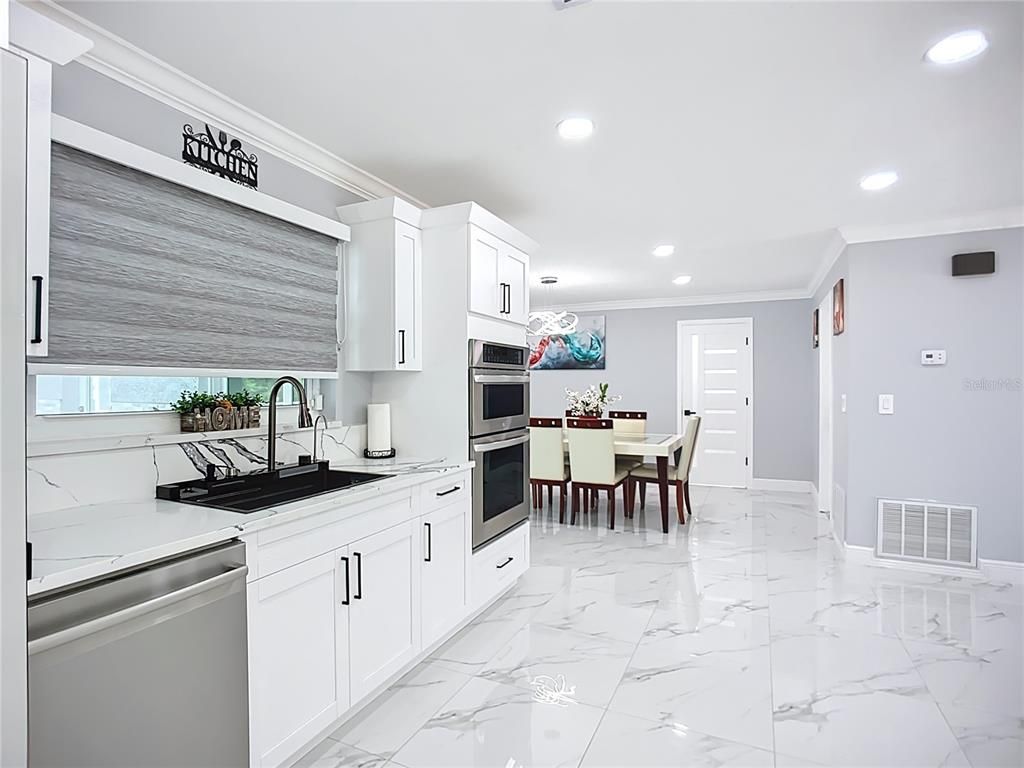 Dining room, Interior, Kitchen, Marble, Recessed Lighting, Stainless Steel Appliances