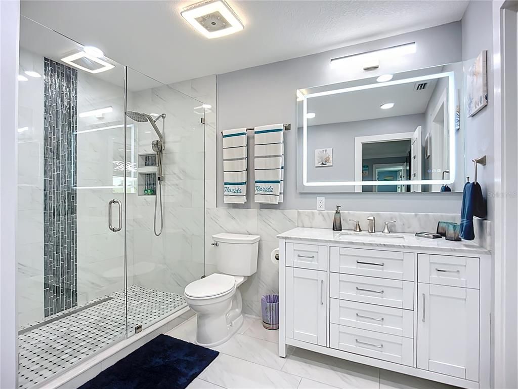 Bathroom, Glass Shower, Interior, Marble, Marble Walls, Recessed Lighting