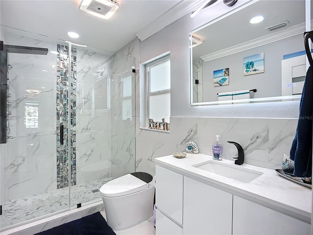Bathroom, Glass Shower, Interior, Marble Walls, Recessed Lighting